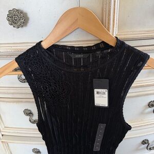 GUESS Black Ribbed Sleeveless Knit Tank with Shoulder Crochet